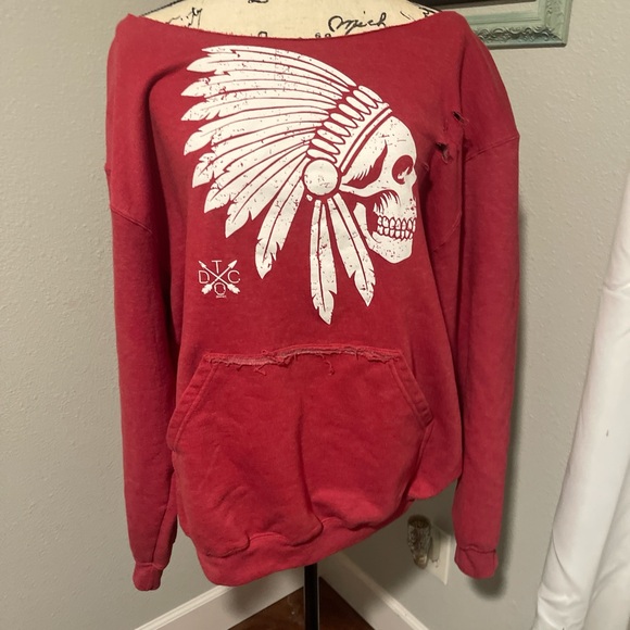 Drive Tops - Red Sweatshirt with Skull and Feather Graphic